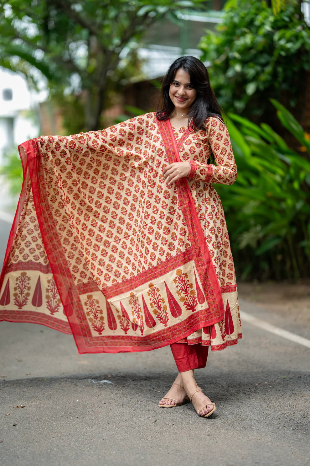 Handblock Printed Cotton Anarkali Suit Set