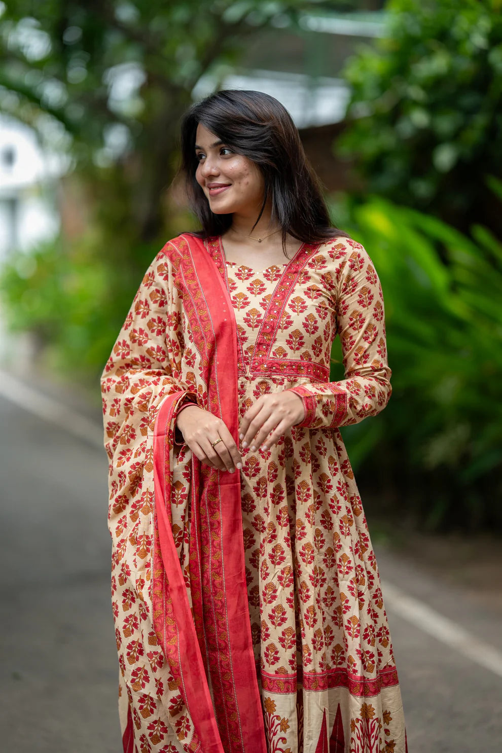 Handblock Printed Cotton Anarkali Suit Set