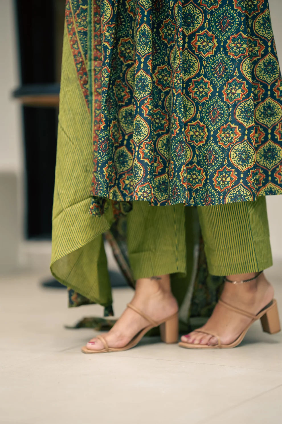 Green Ajrakh Print Cotton Anarkali Suit Set