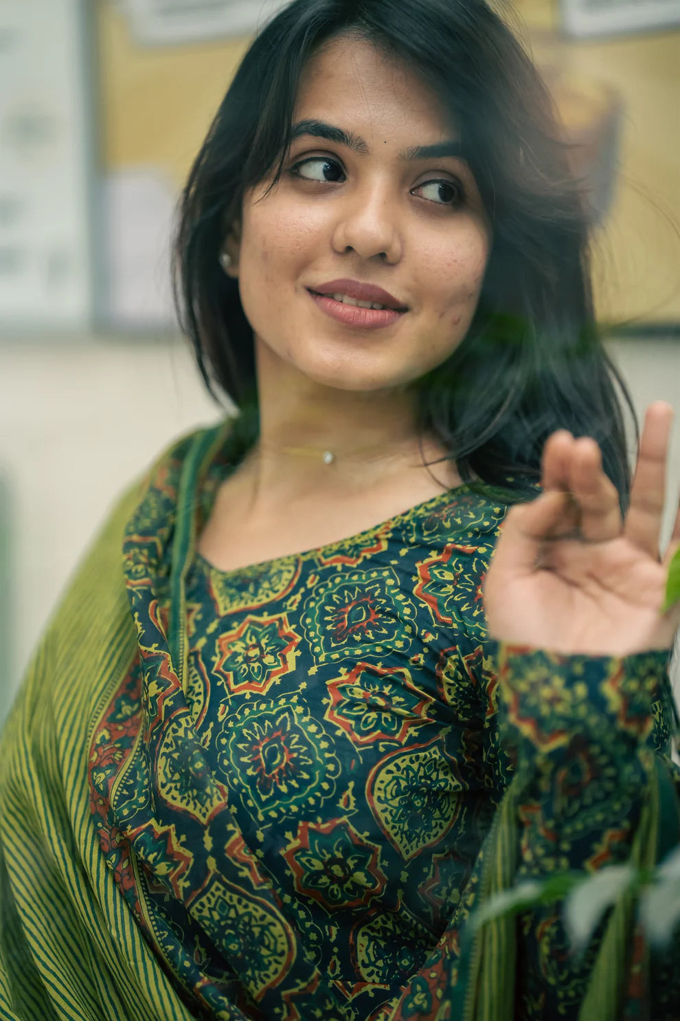 Green Ajrakh Print Cotton Anarkali Suit Set