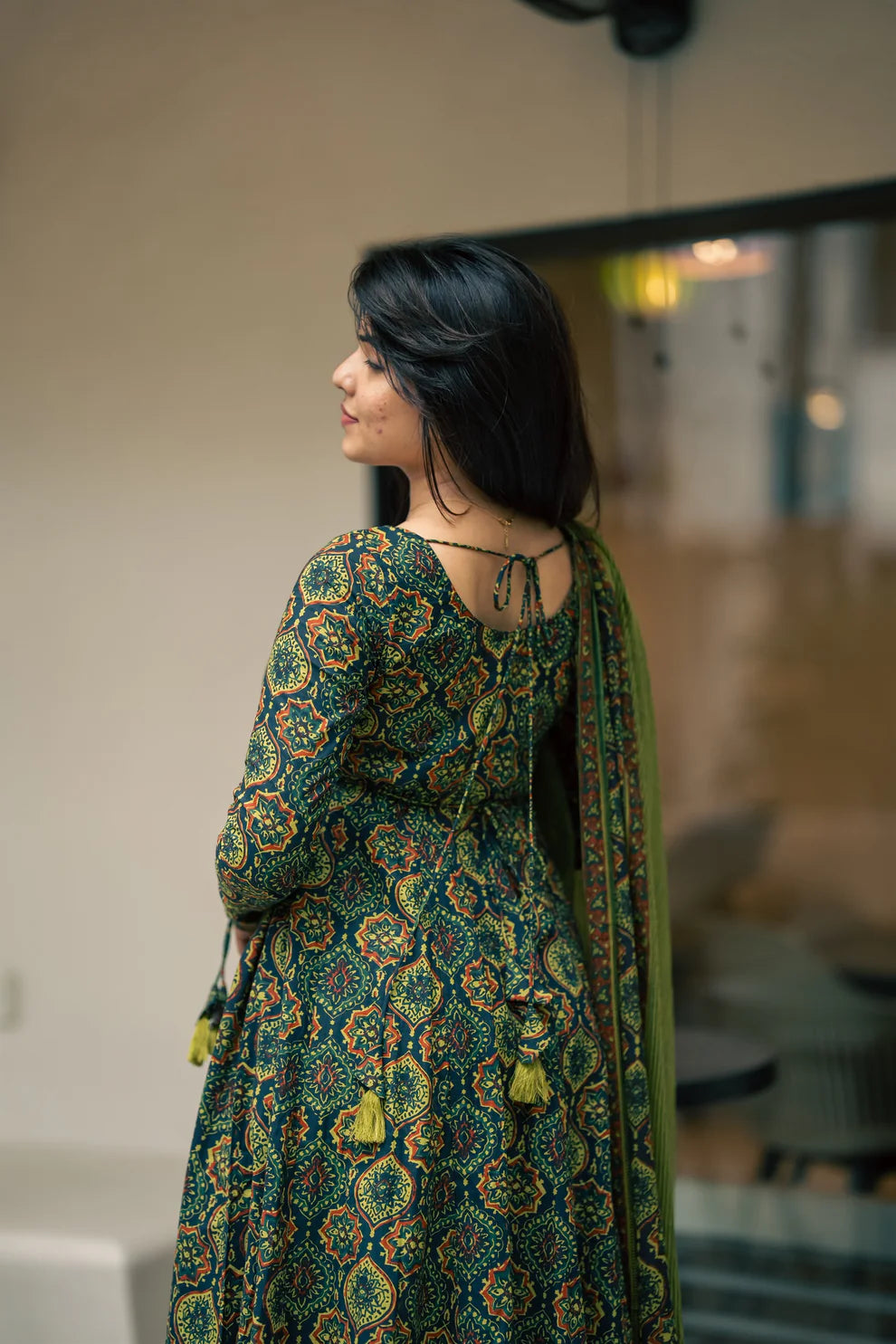 Green Ajrakh Print Cotton Anarkali Suit Set