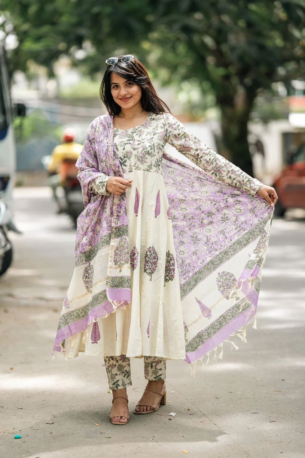 Lavender Hand Block Cotton Anarkali Suit Set