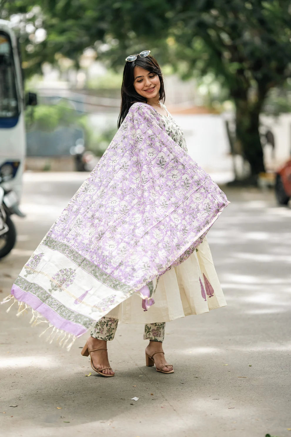 Lavender Hand Block Cotton Anarkali Suit Set