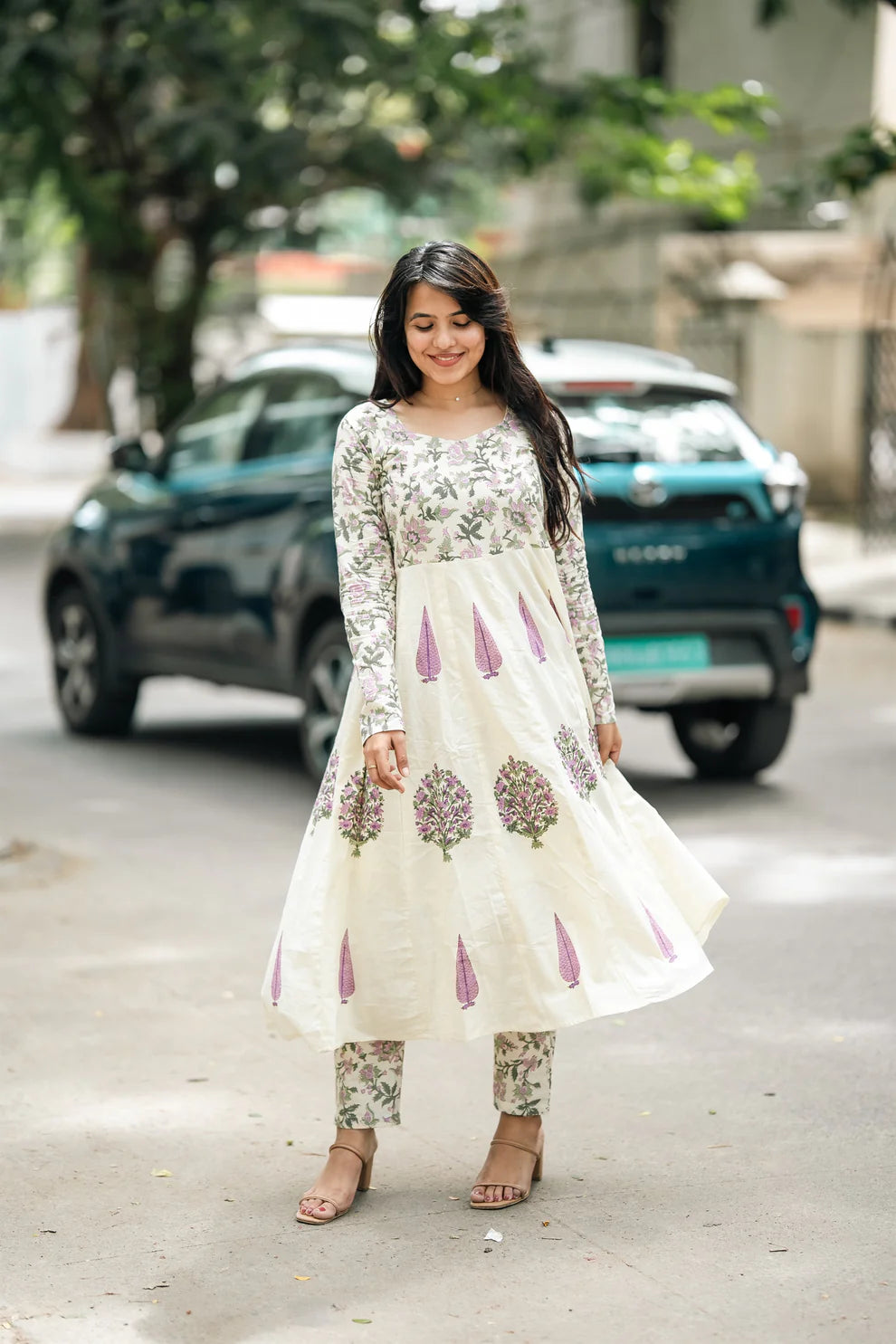 Lavender Hand Block Cotton Anarkali Suit Set
