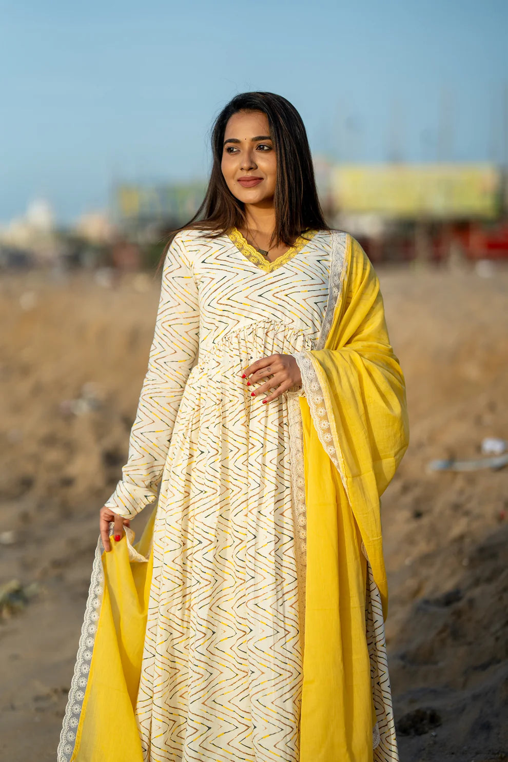 Yellow Cotton Alia Anarkali Suit Set