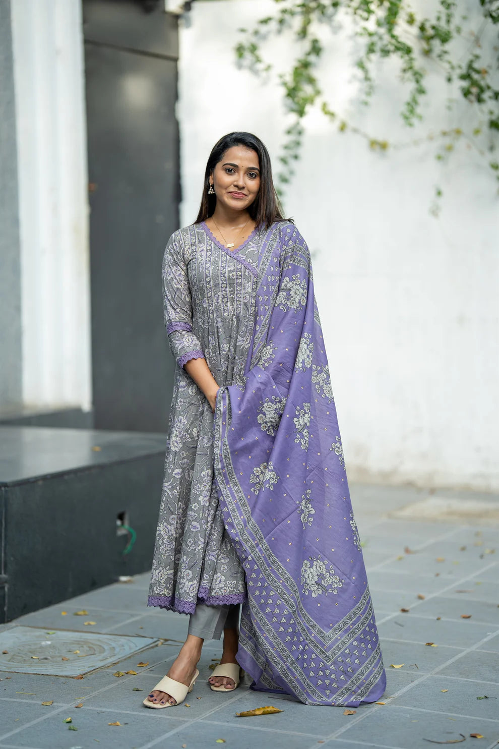 Lavender Bloom Cotton Anarkali Suit Set