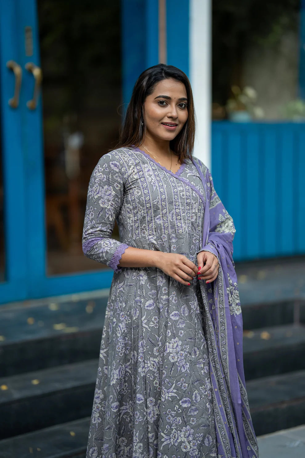 Lavender Bloom Cotton Anarkali Suit Set