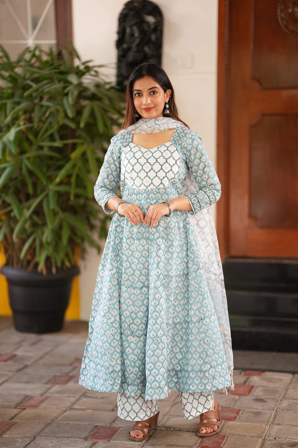 Blue Handblock Anarkali Suit Set