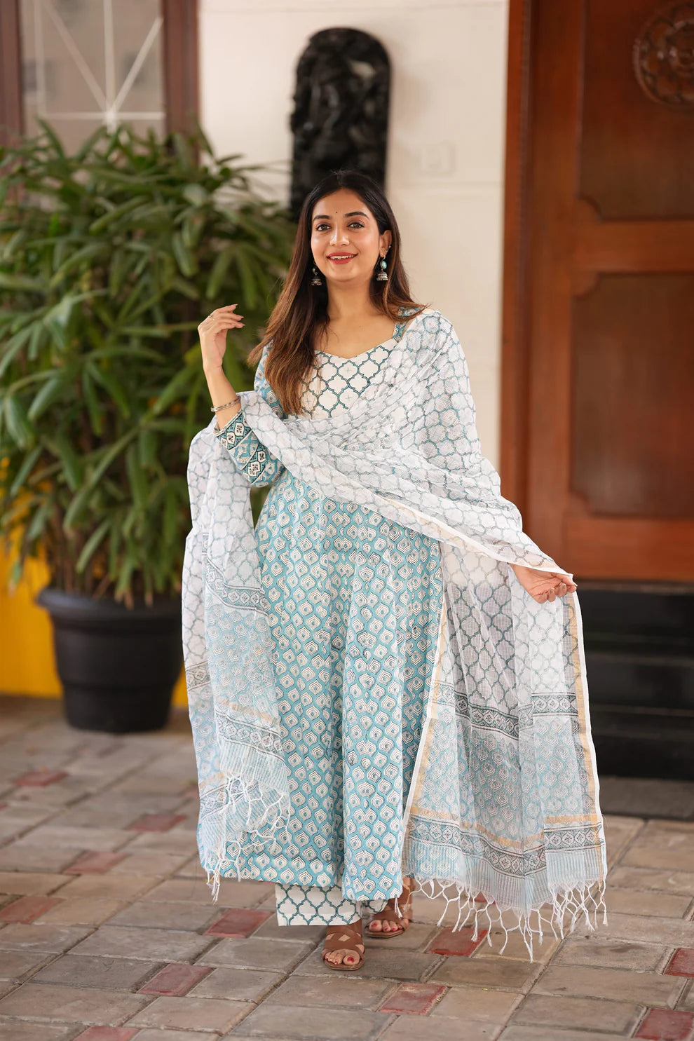 Blue Handblock Anarkali Suit Set