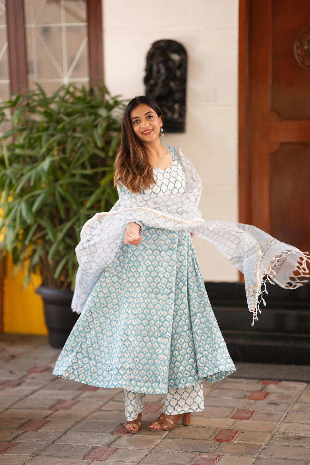 Blue Handblock Anarkali Suit Set