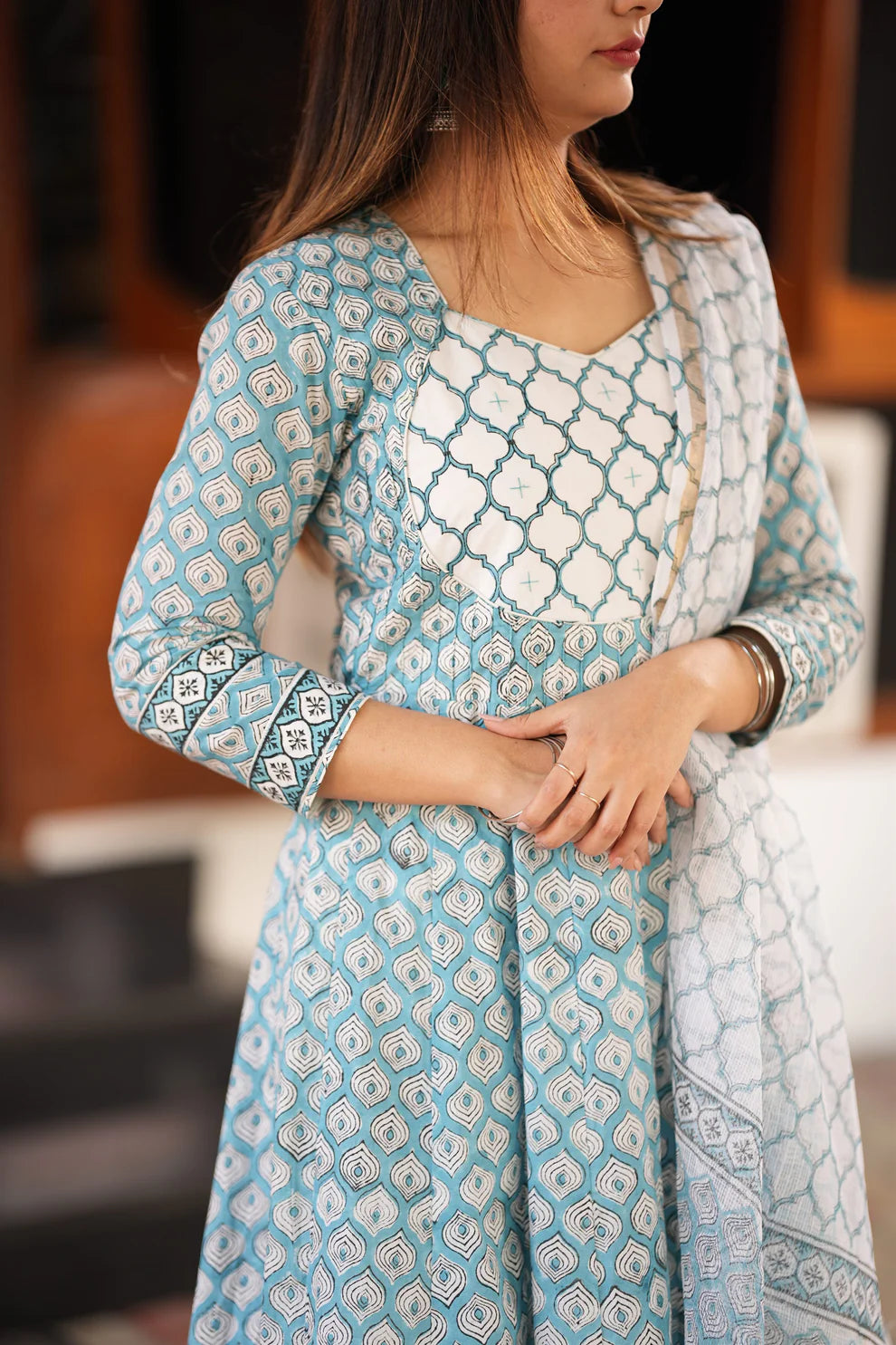 Blue Handblock Anarkali Suit Set