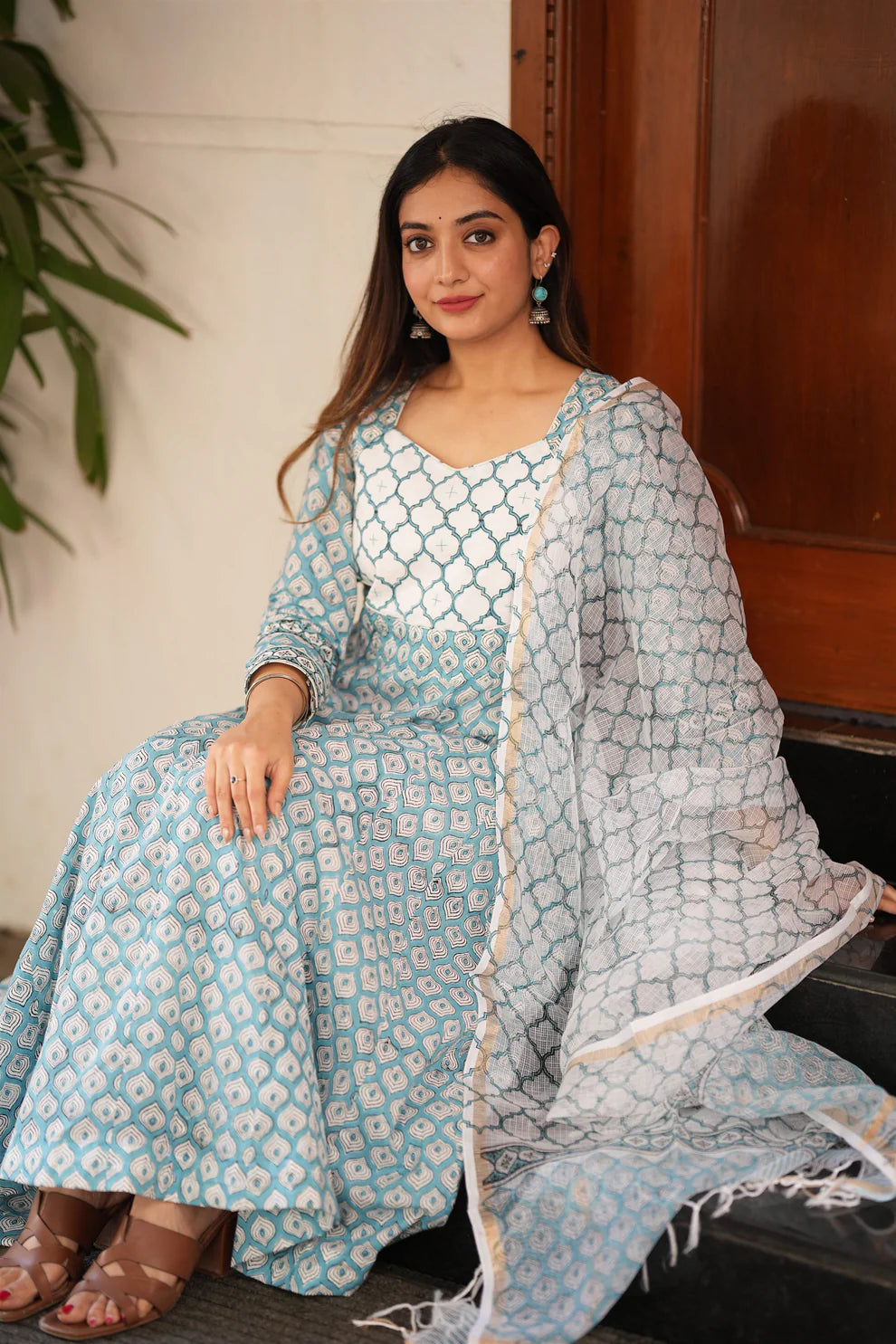 Blue Handblock Anarkali Suit Set