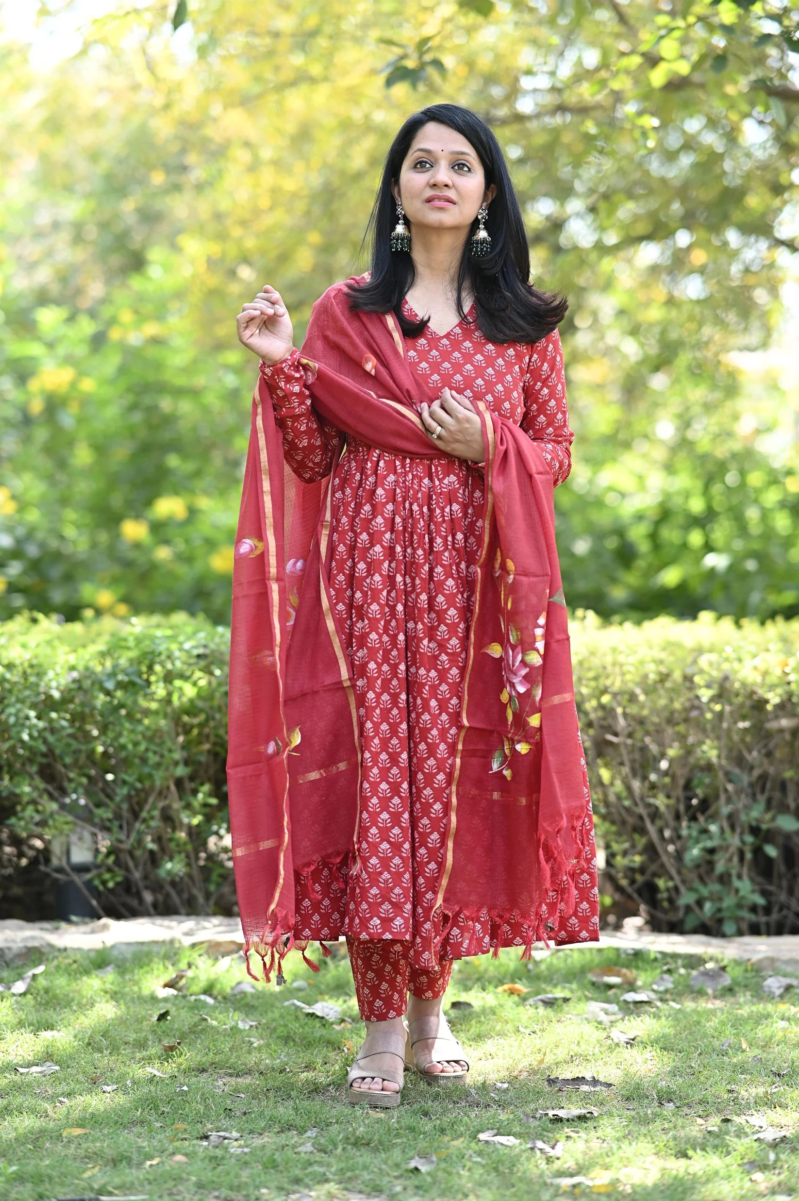 Red Heritage Anarkali Cotton Suit Set