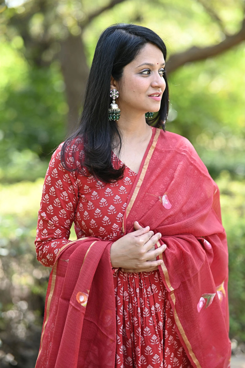 Red Heritage Anarkali Cotton Suit Set