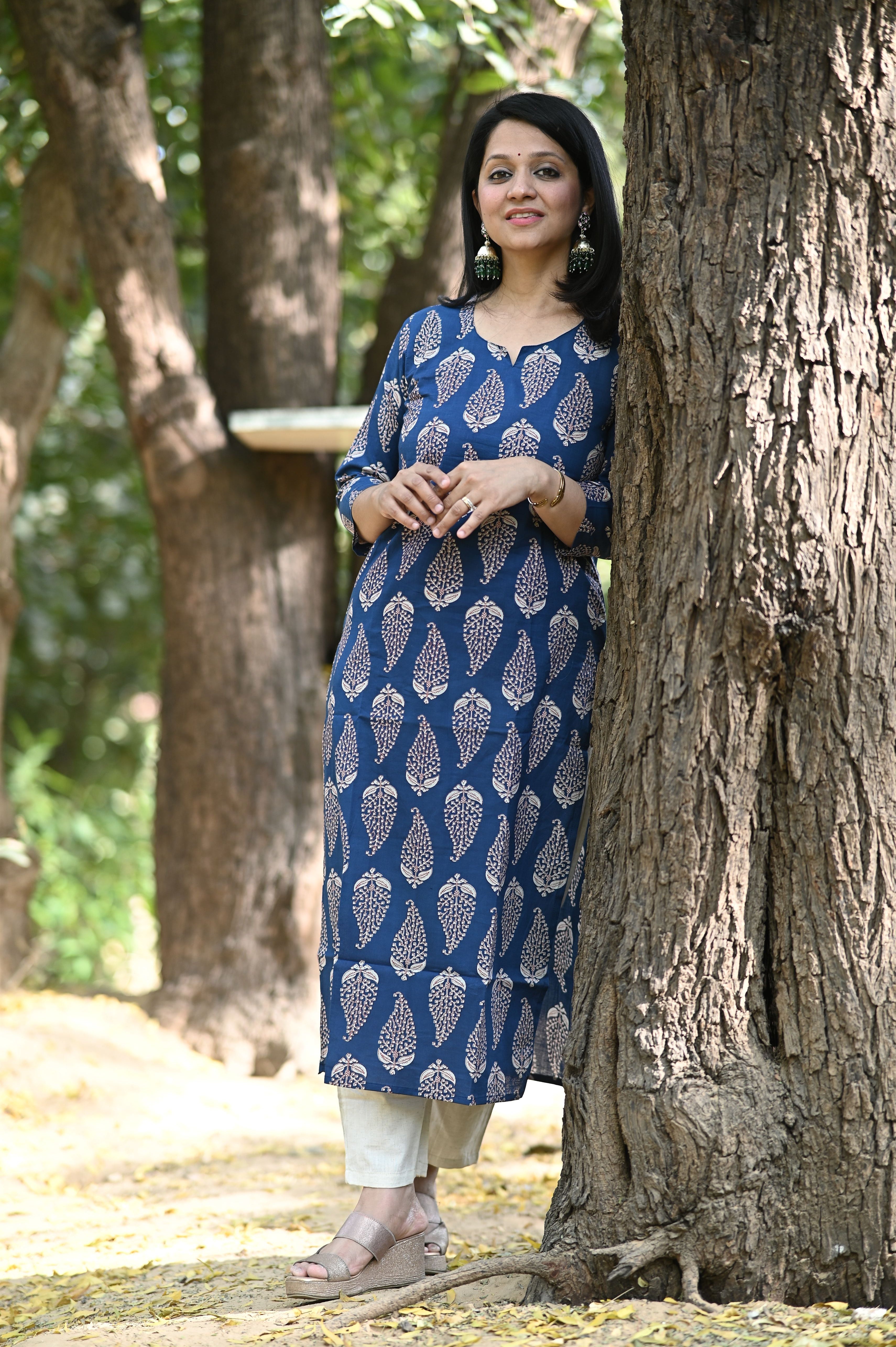 Blue Paisley Print Cotton Kurti