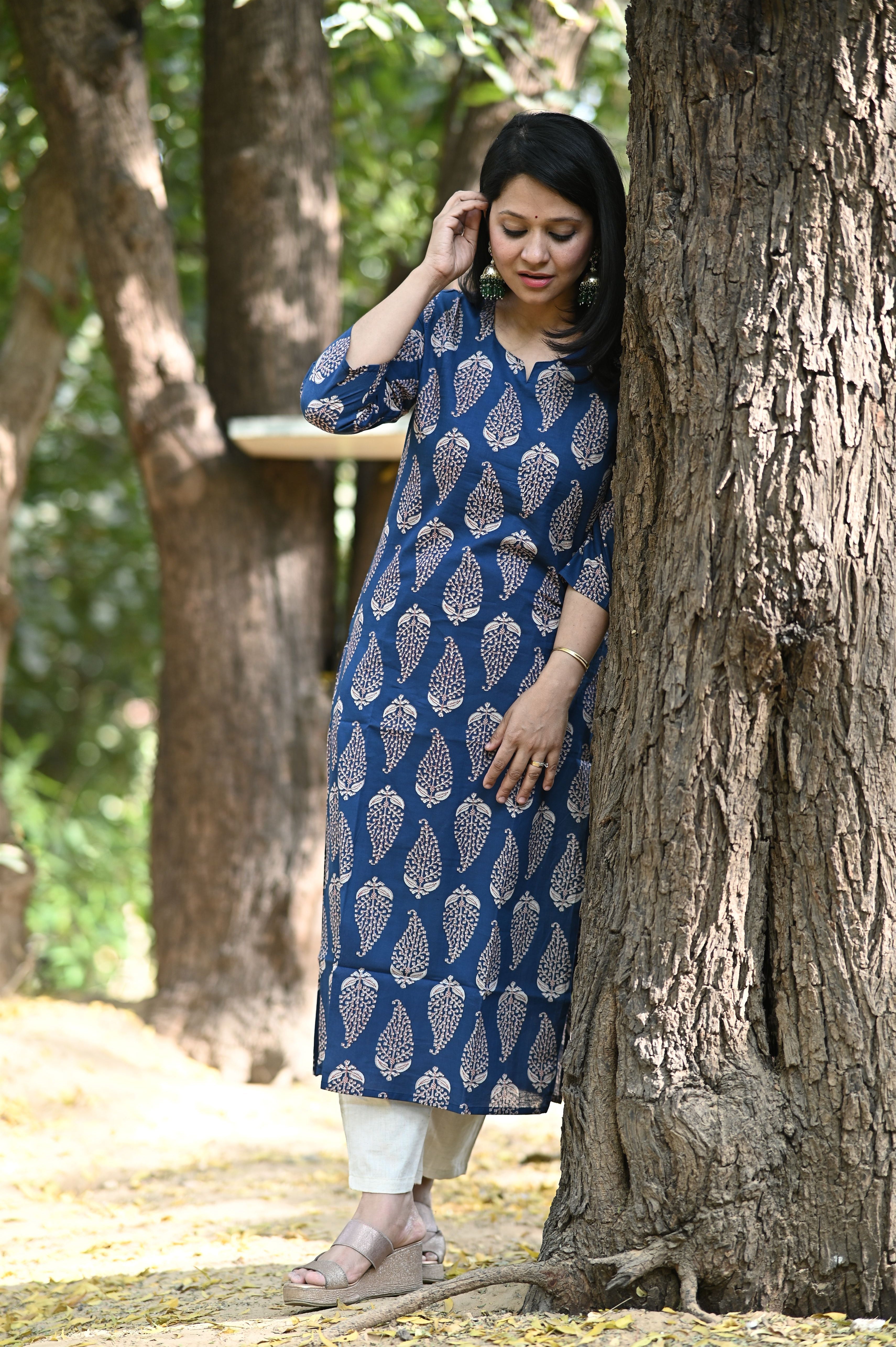 Blue Paisley Print Cotton Kurti