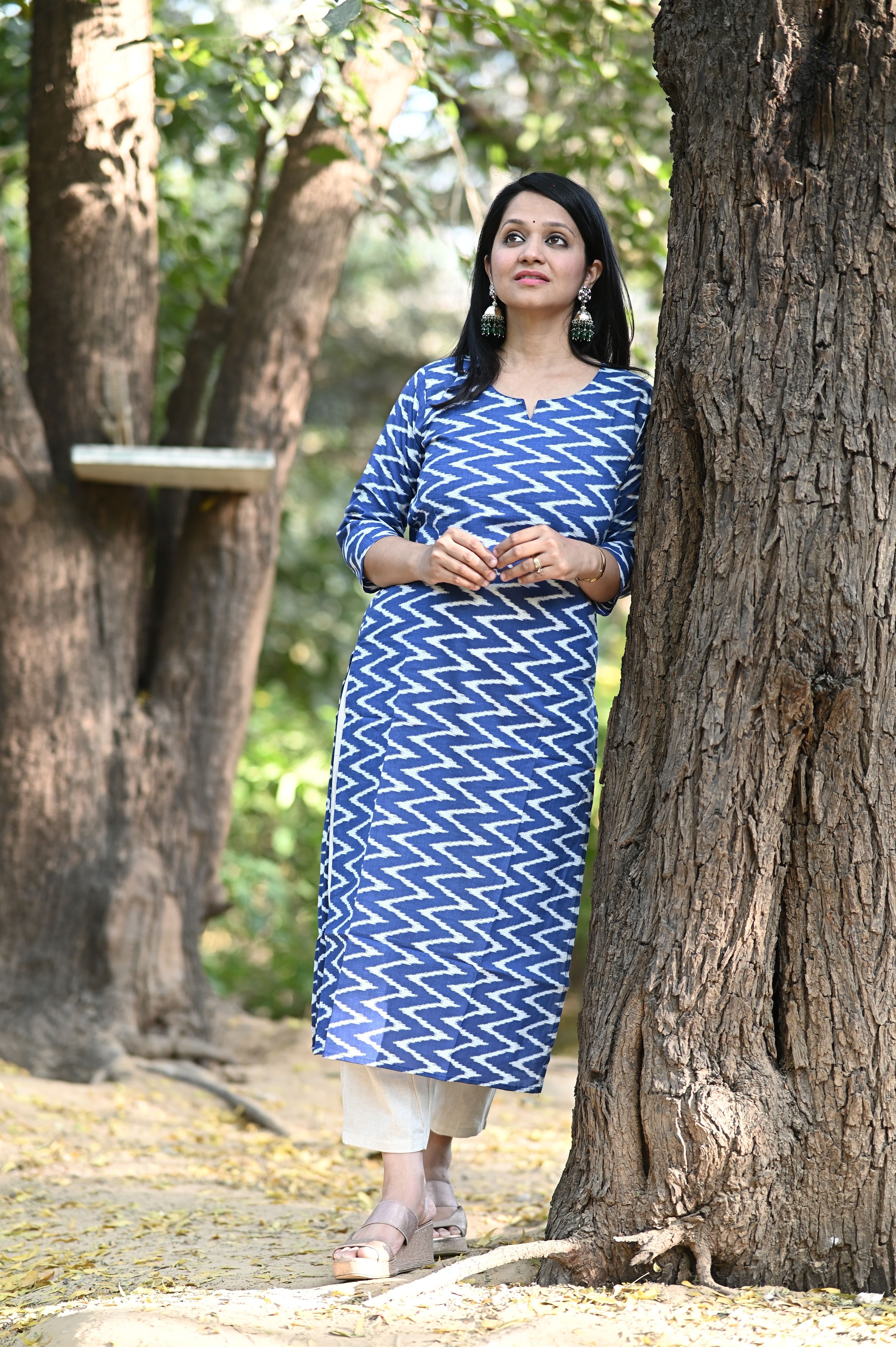 Blue Zig Zag Cotton Kurti