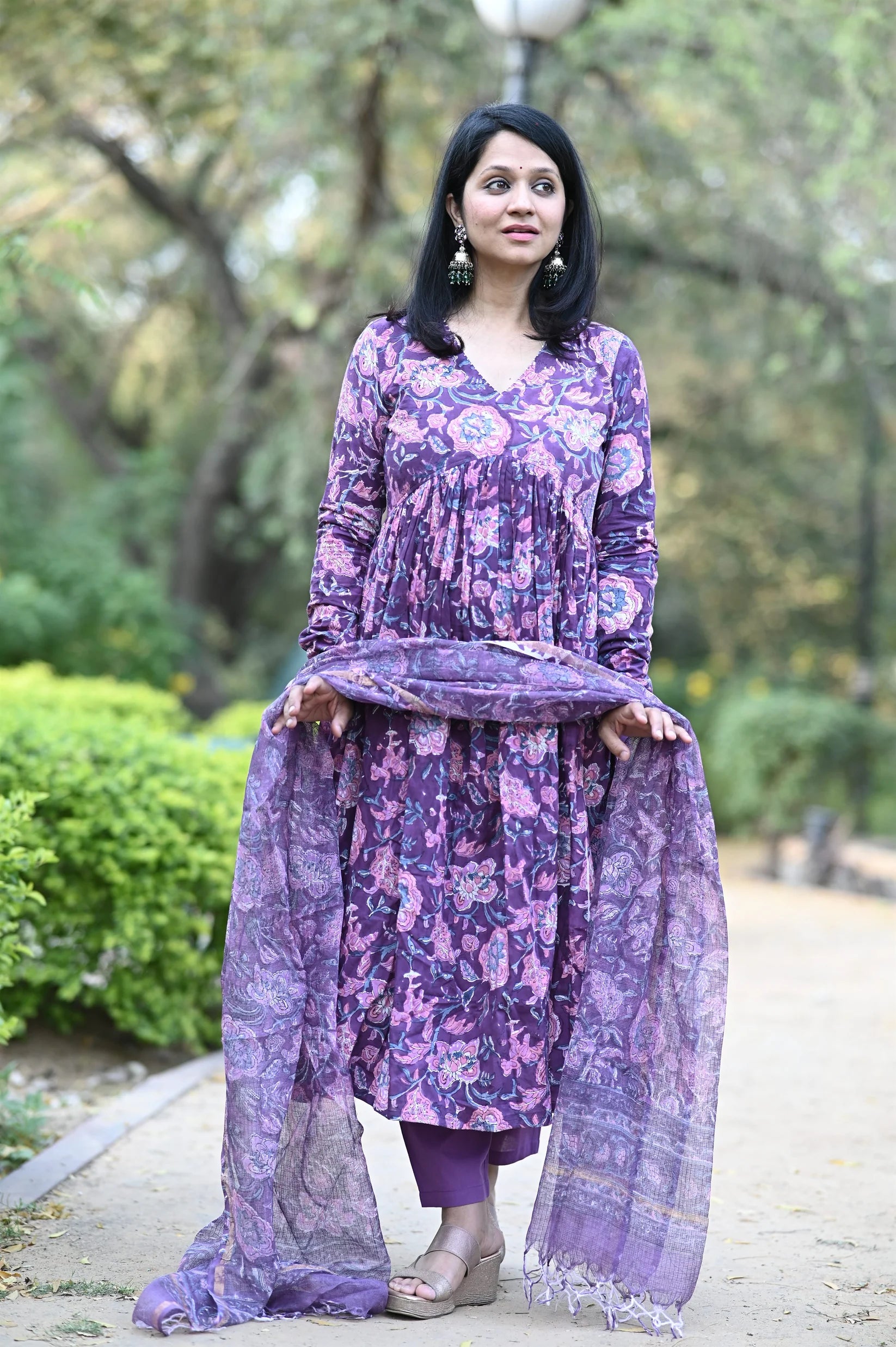 Purple Alia Anarkali Handblock Cotton Suit Set