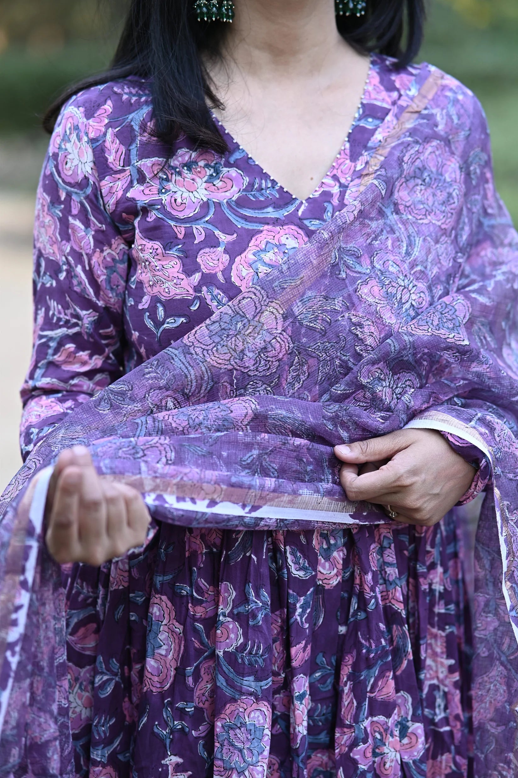 Purple Alia Anarkali Handblock Cotton Suit Set