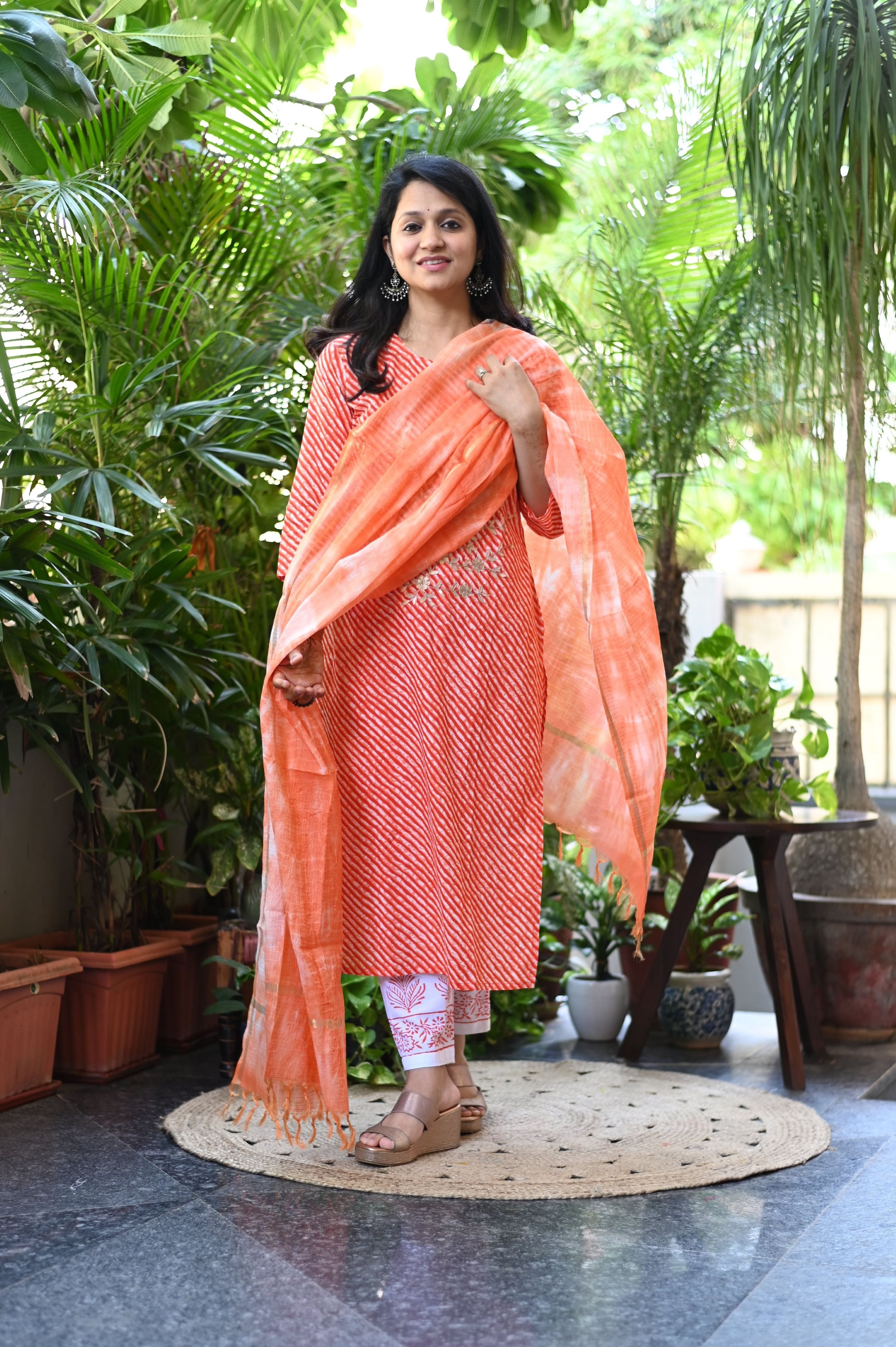 Orange Lehariya Cotton Suit Set