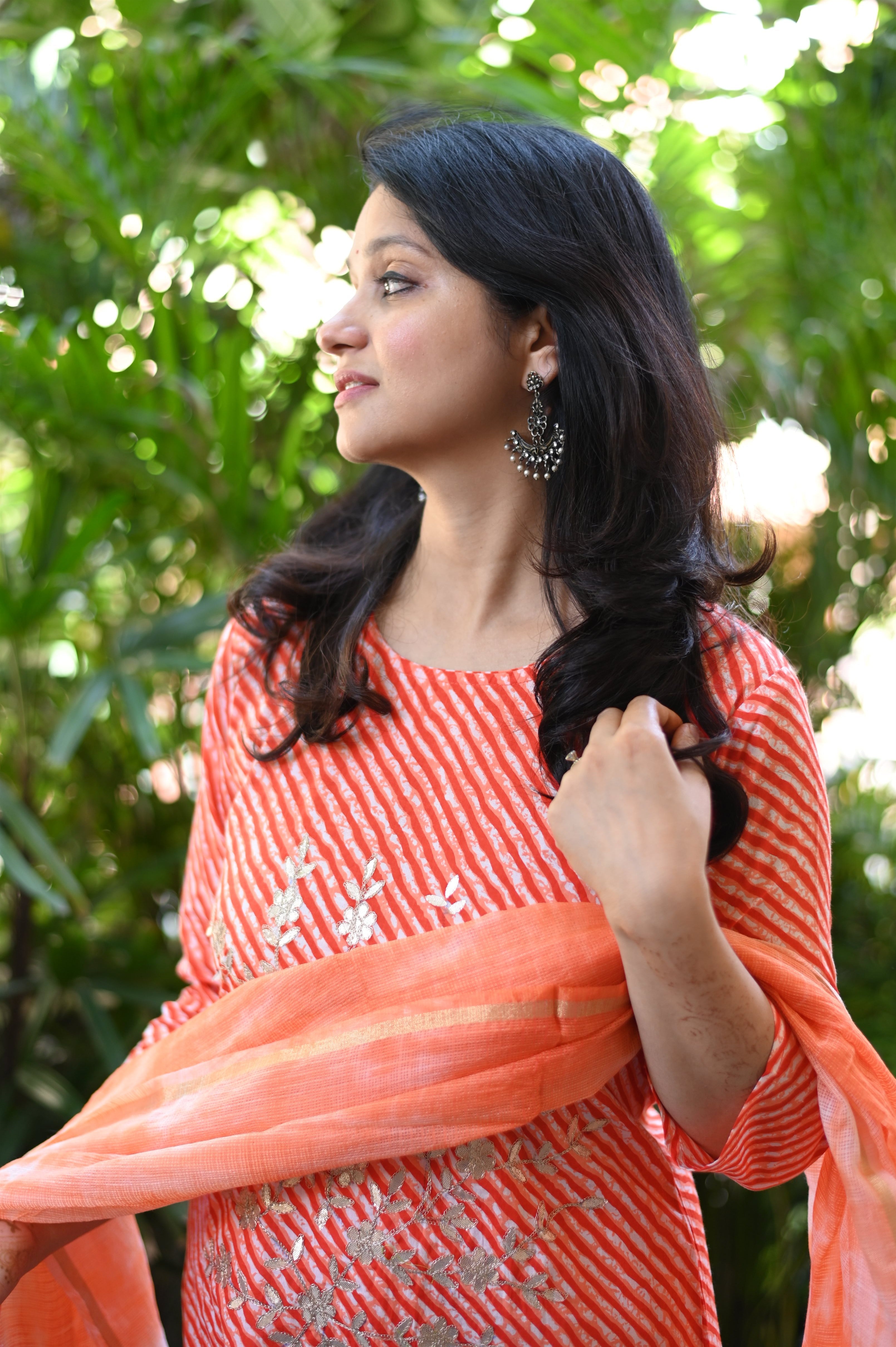 Orange Lehariya Cotton Suit Set
