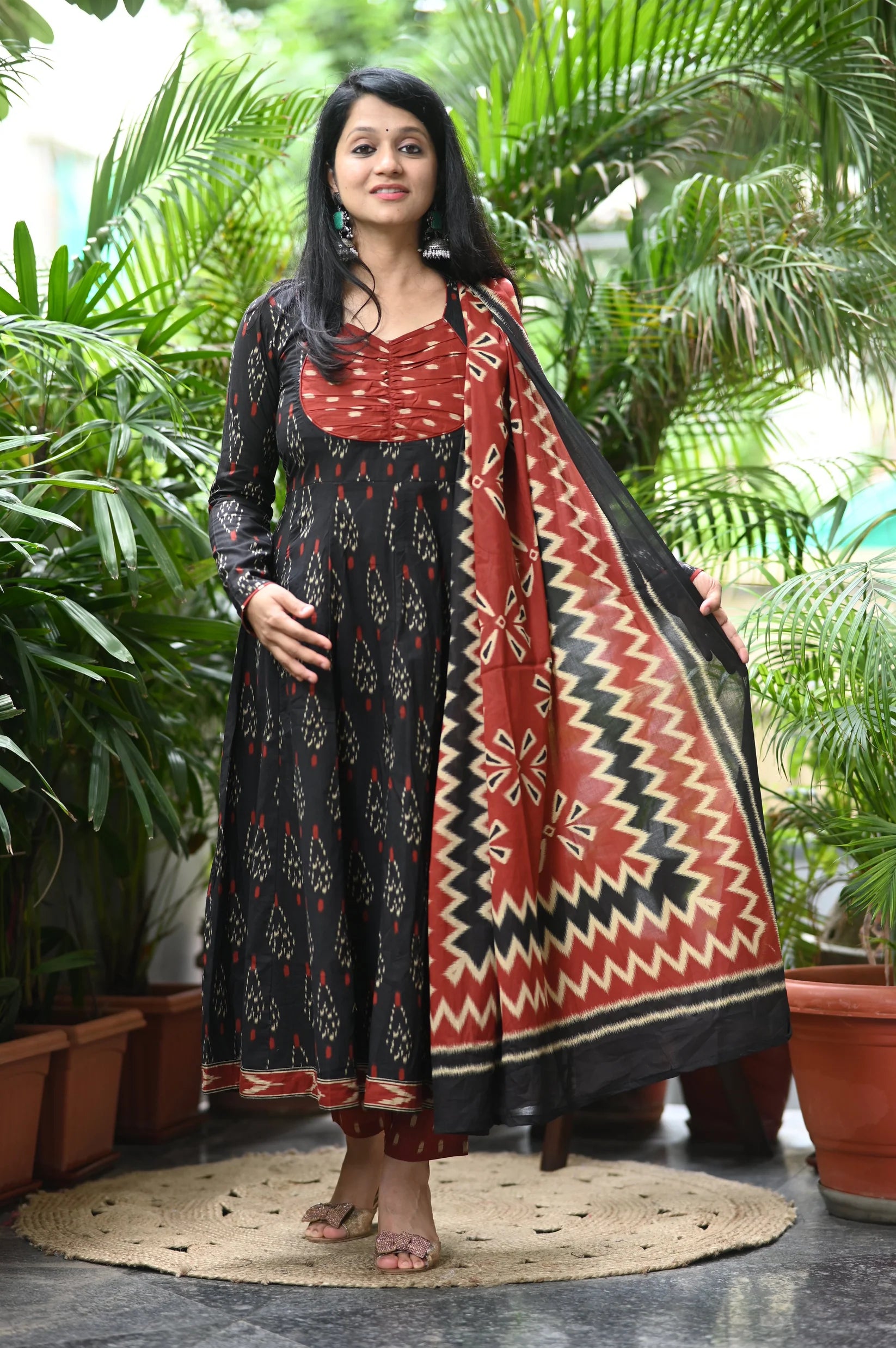 Red and Black Ikkat Cotton Anarkali Suit Set