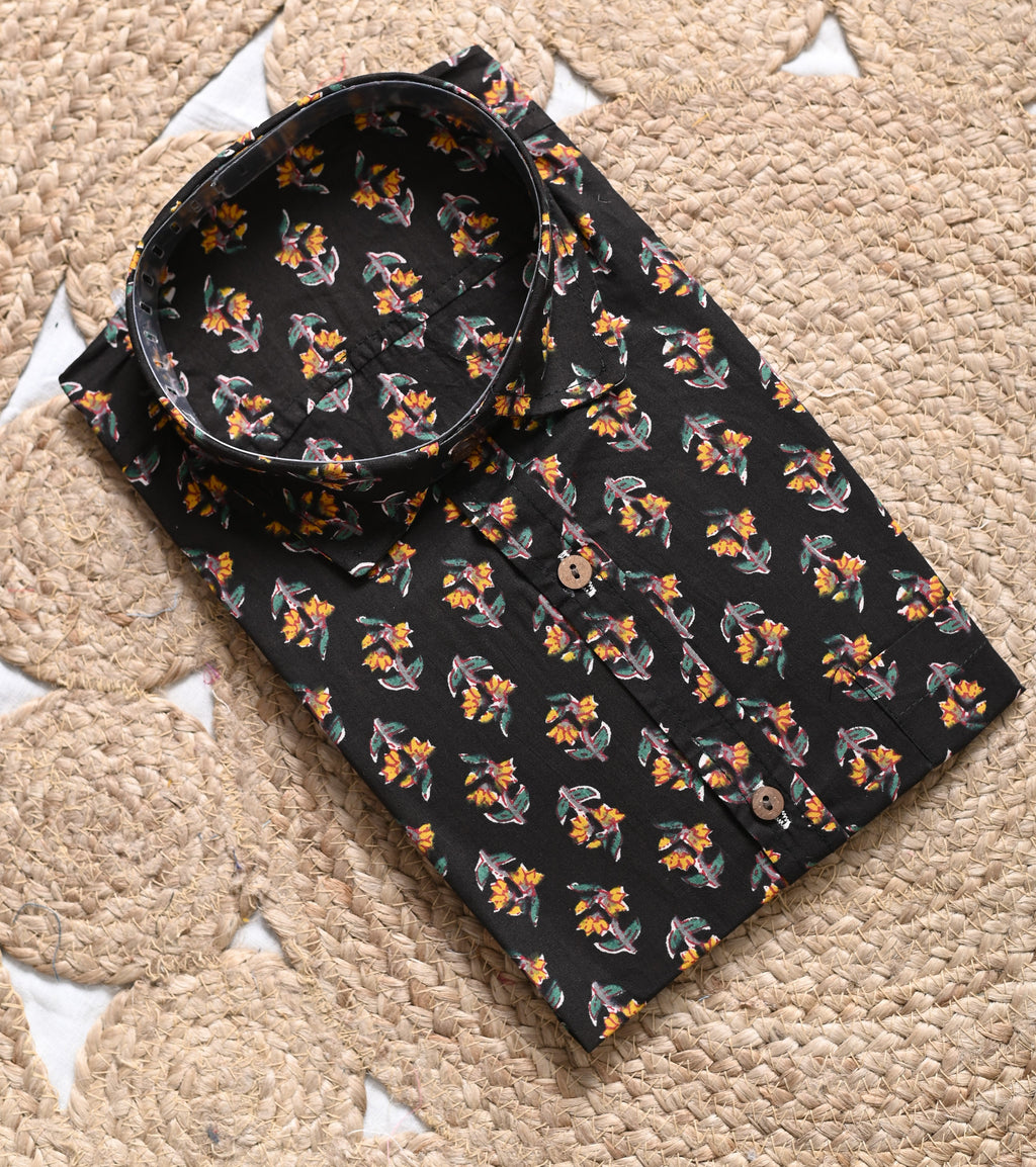 Black Gold Sanganeri Print Cotton Shirt