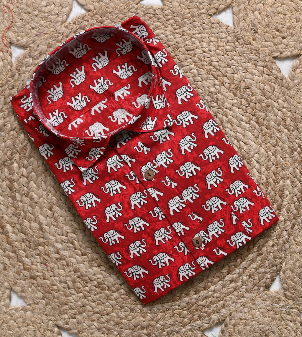 Elephant Print Red Cotton Shirt