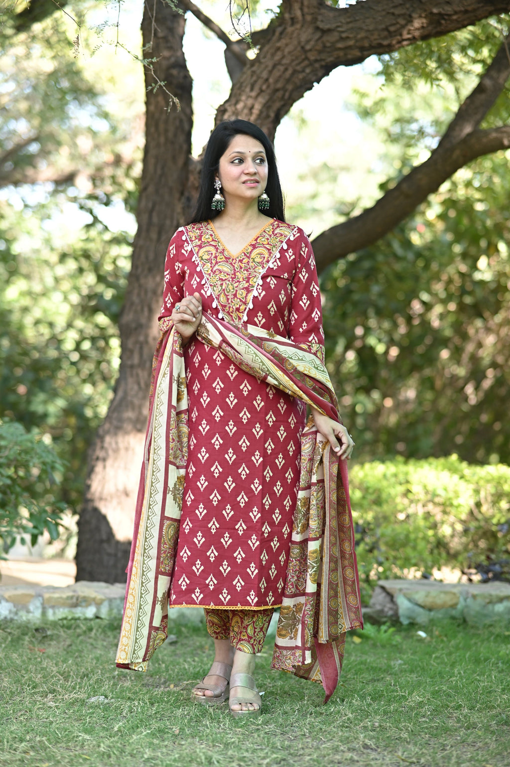 Gujrati Maroon Cotton Suit Set
