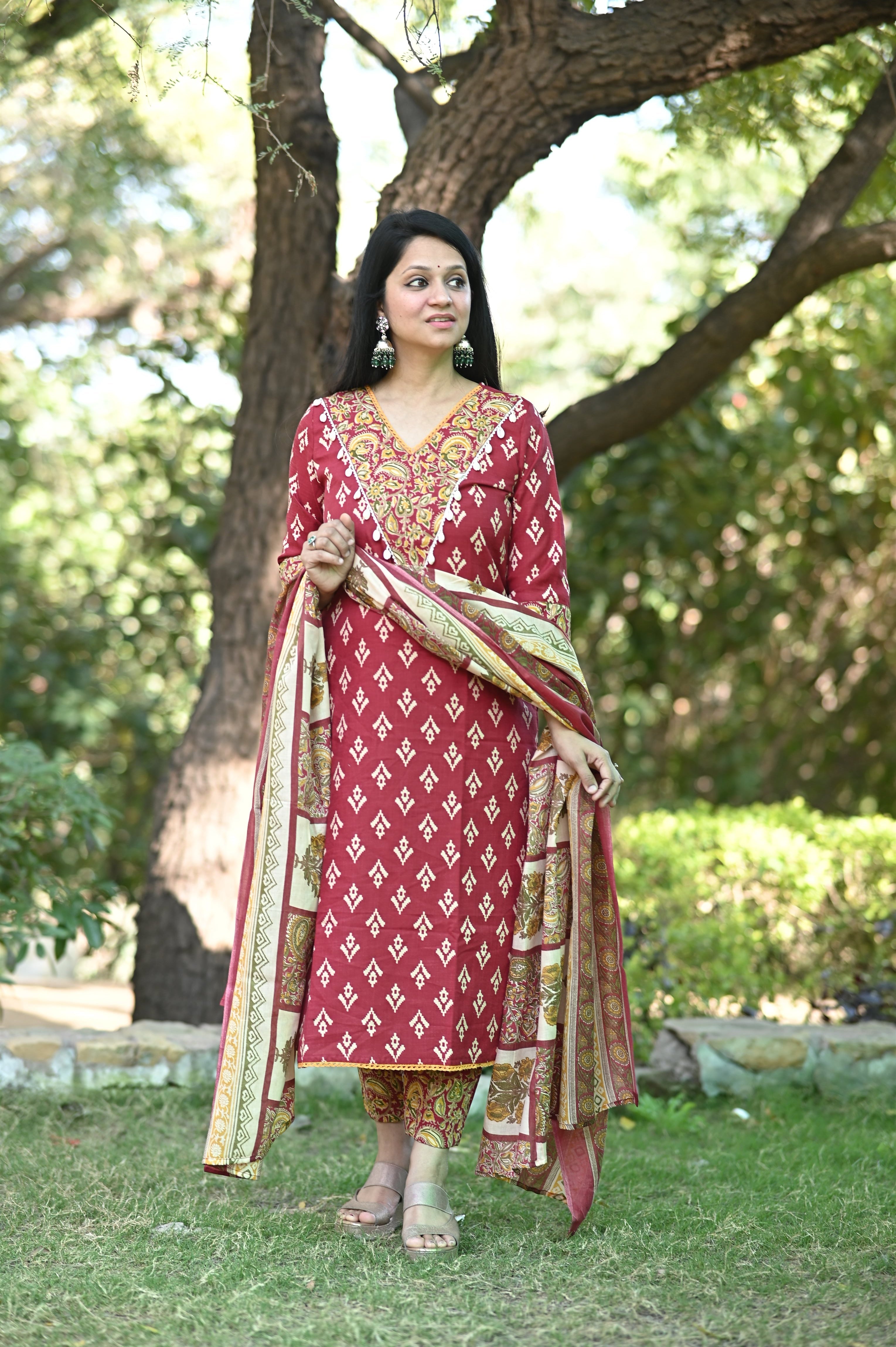 Gujrati Maroon Cotton Suit Set