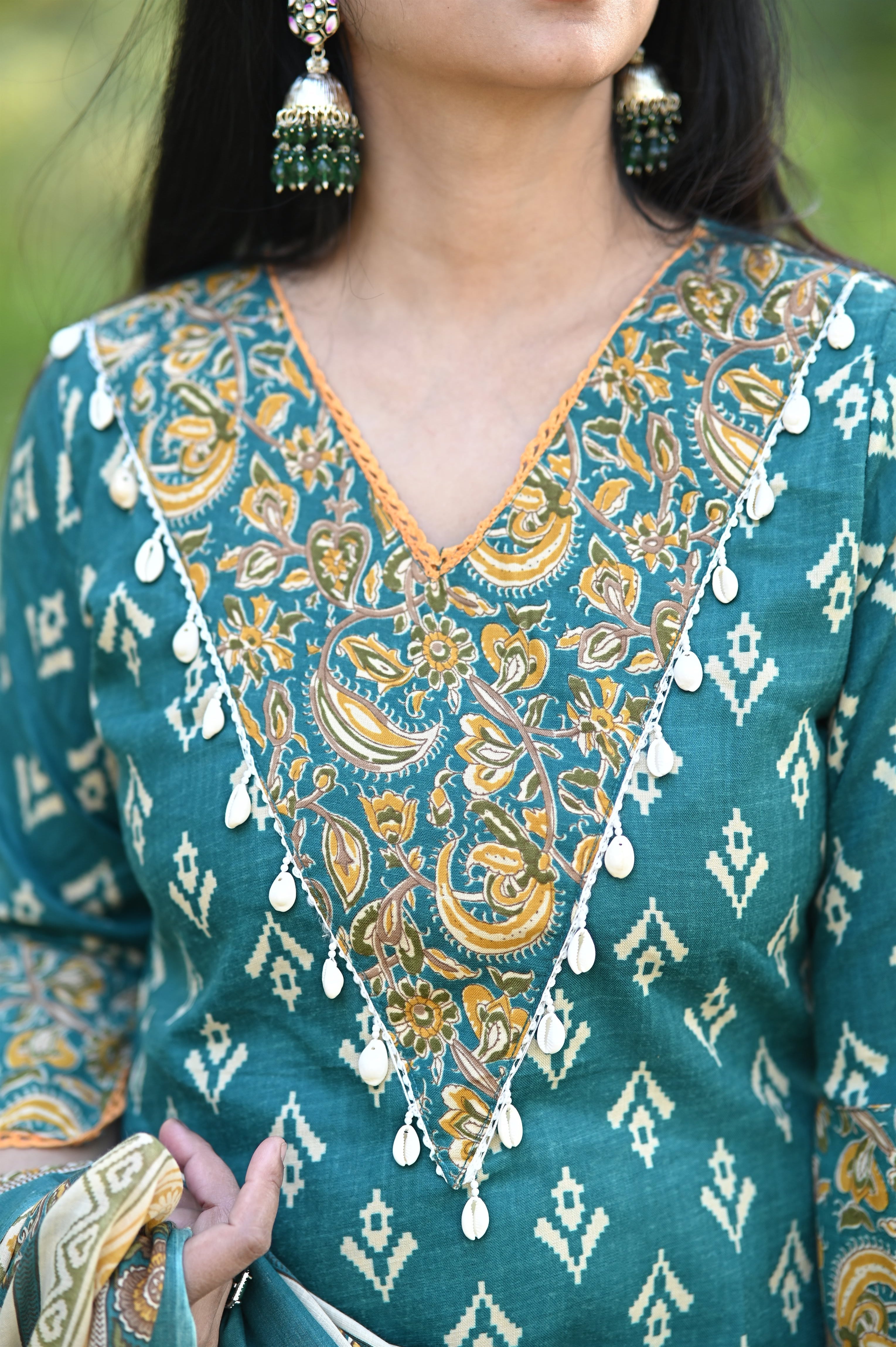 Gujrati Rama-Green Cotton Suit Set