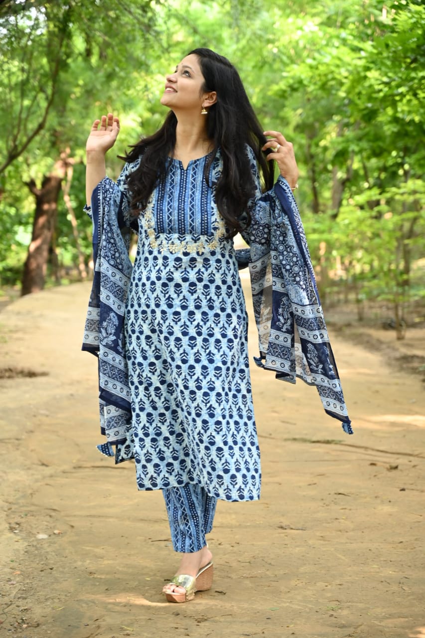 Blue Bagru Suit Set