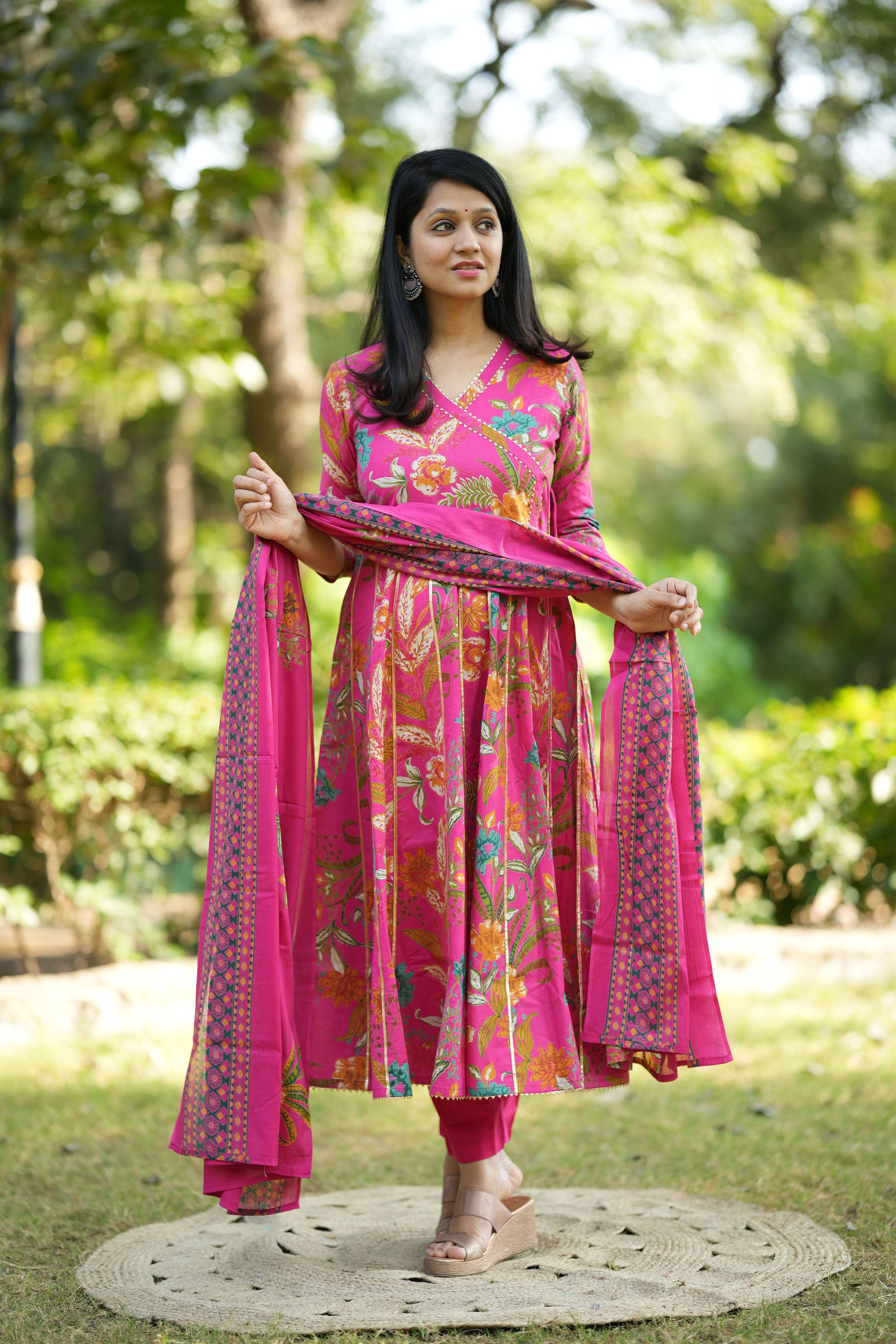 Rani Pink Cotton Anarkali Suit Set
