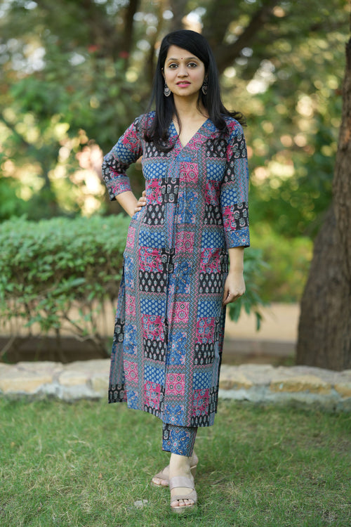 Blue Ajrakh Cotton Kurta pant Set