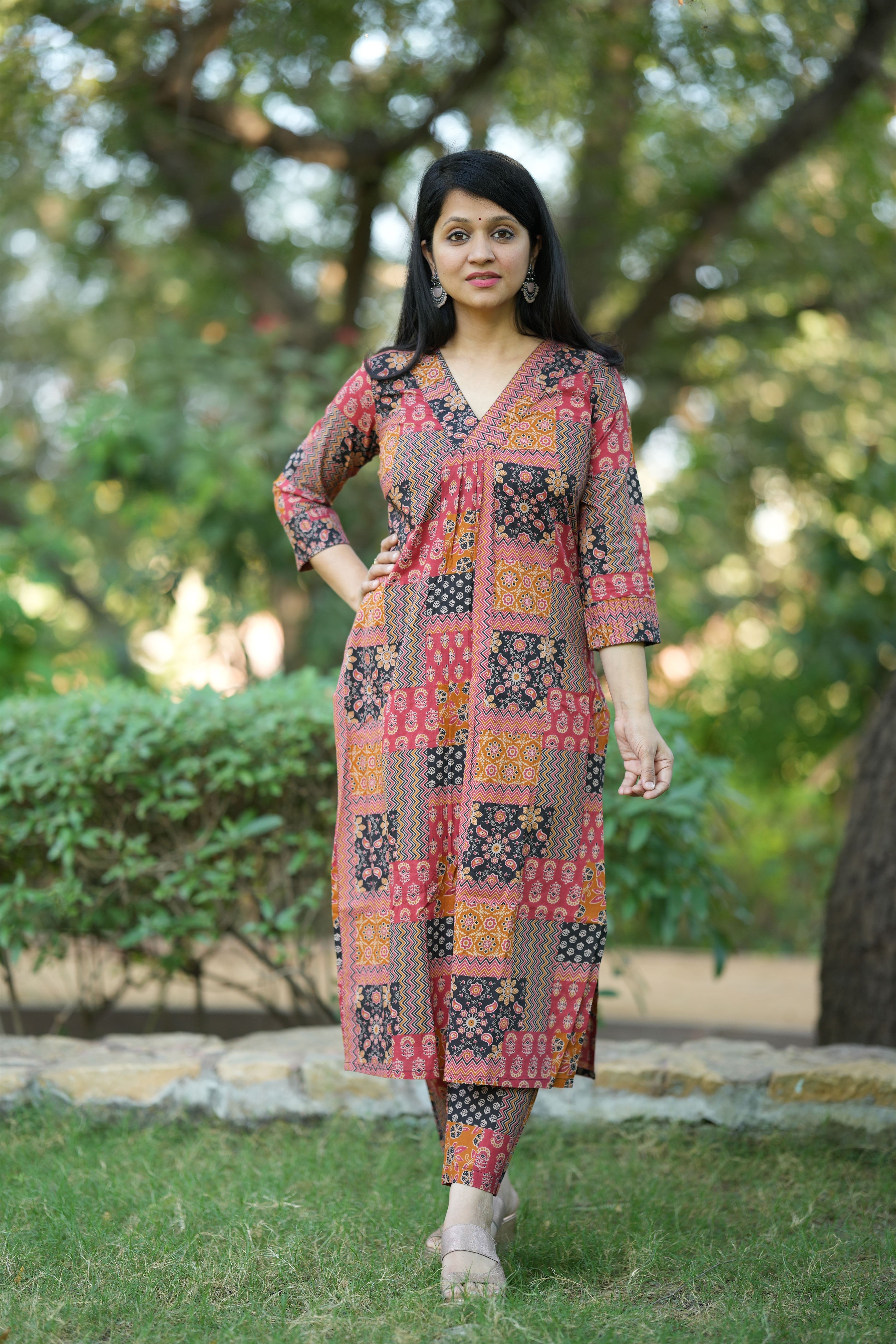 Mustard Ajrakh Cotton Kurta pant Set