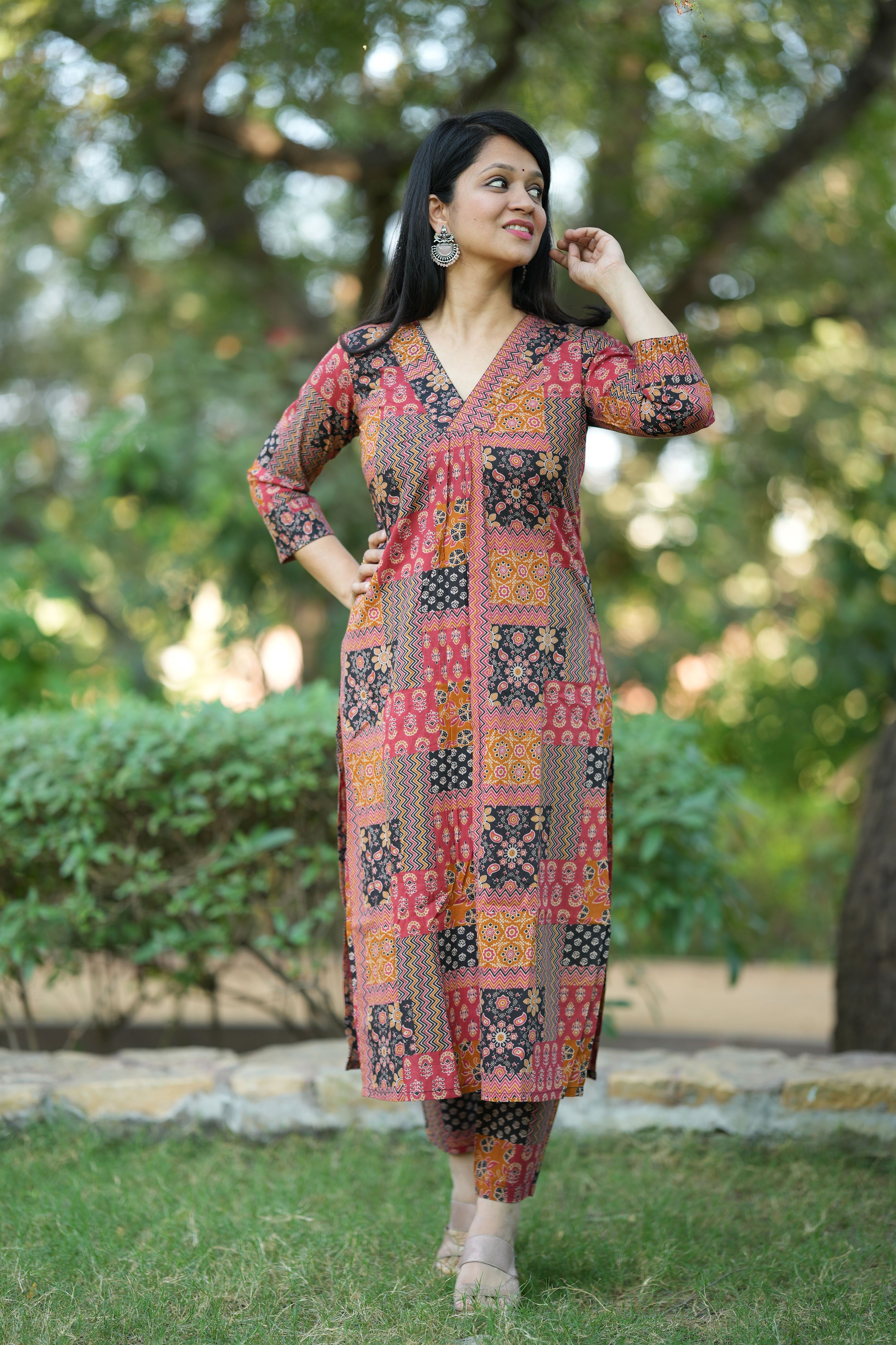 Mustard Ajrakh Cotton Kurta pant Set
