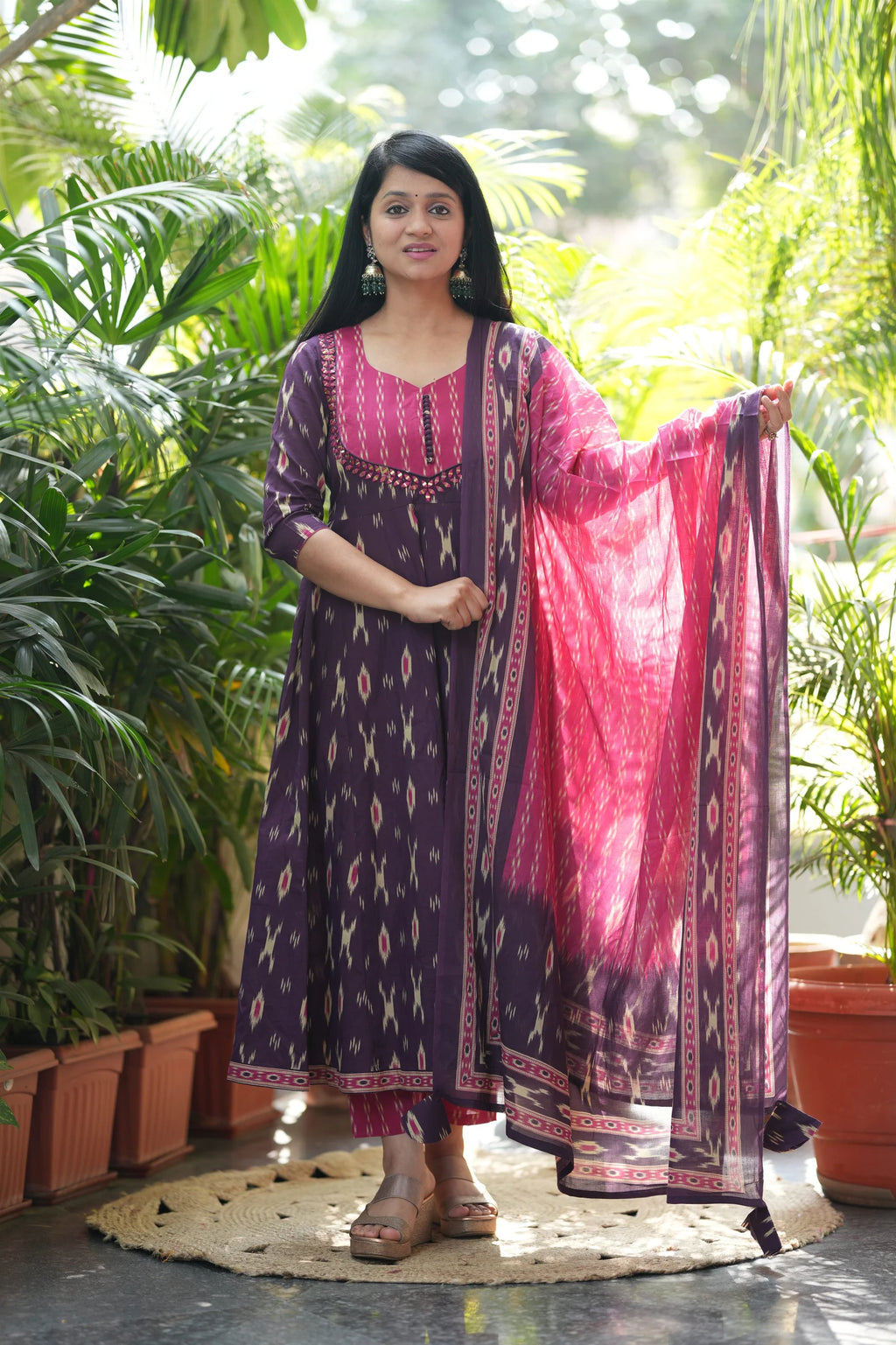 Purple Ikkat Cotton Anarkali Suit Set