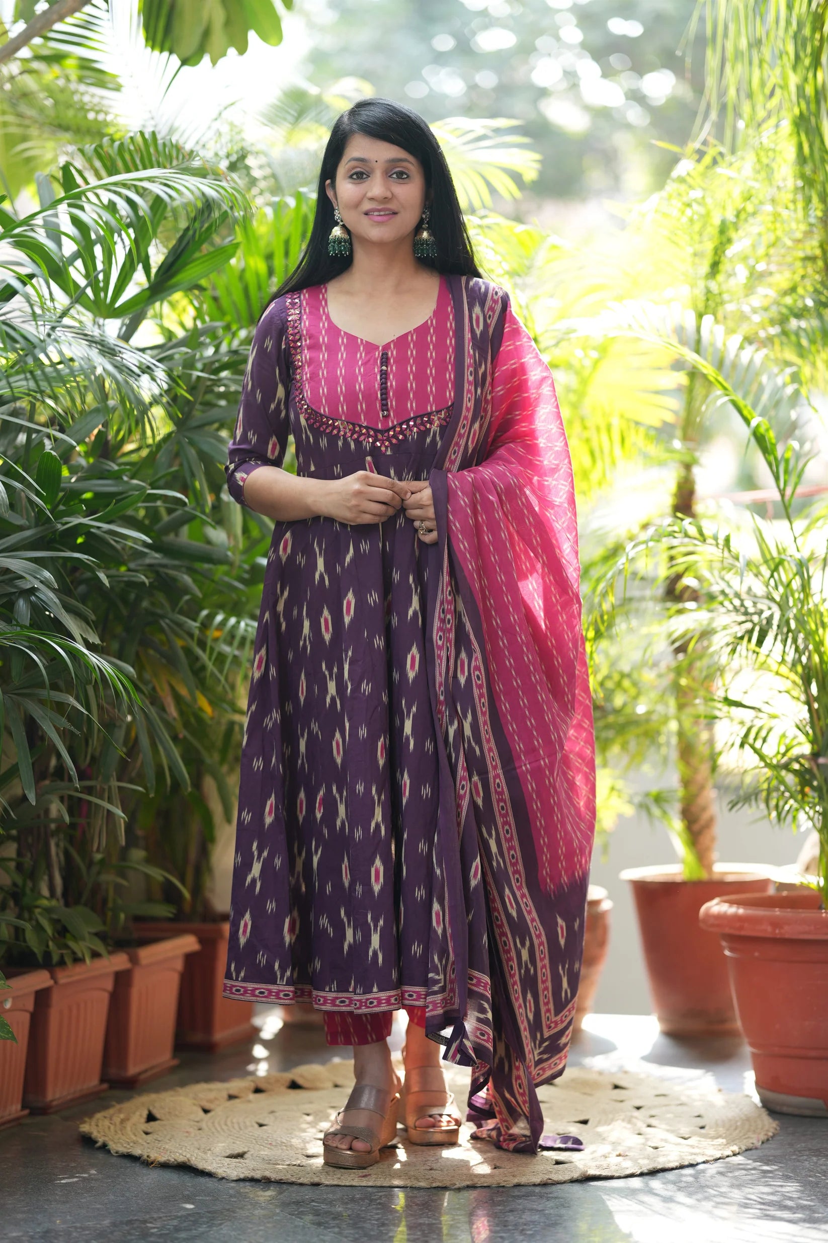 Purple Ikkat Cotton Anarkali Suit Set