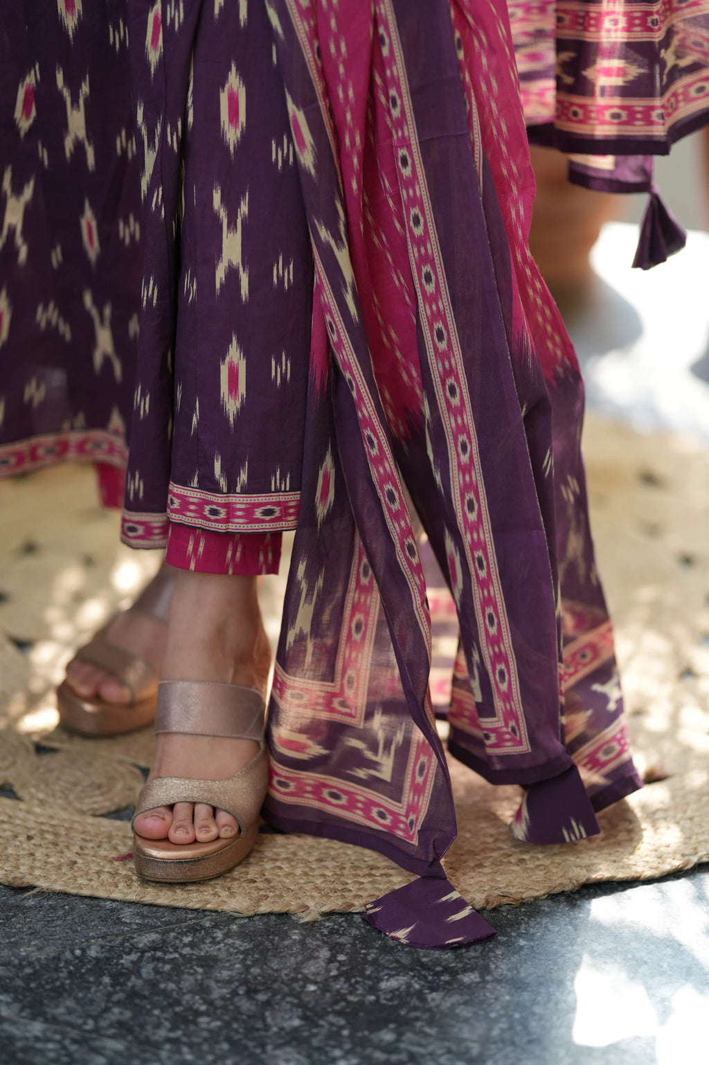 Purple Ikkat Cotton Anarkali Suit Set