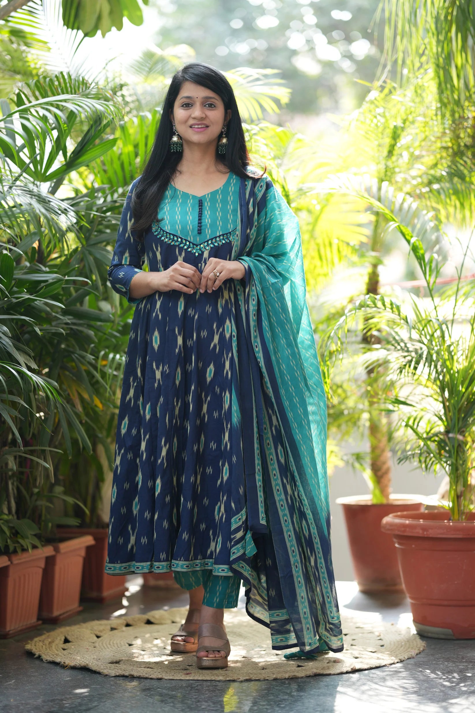 Blue Ikkat Cotton Anarkali Suit Set