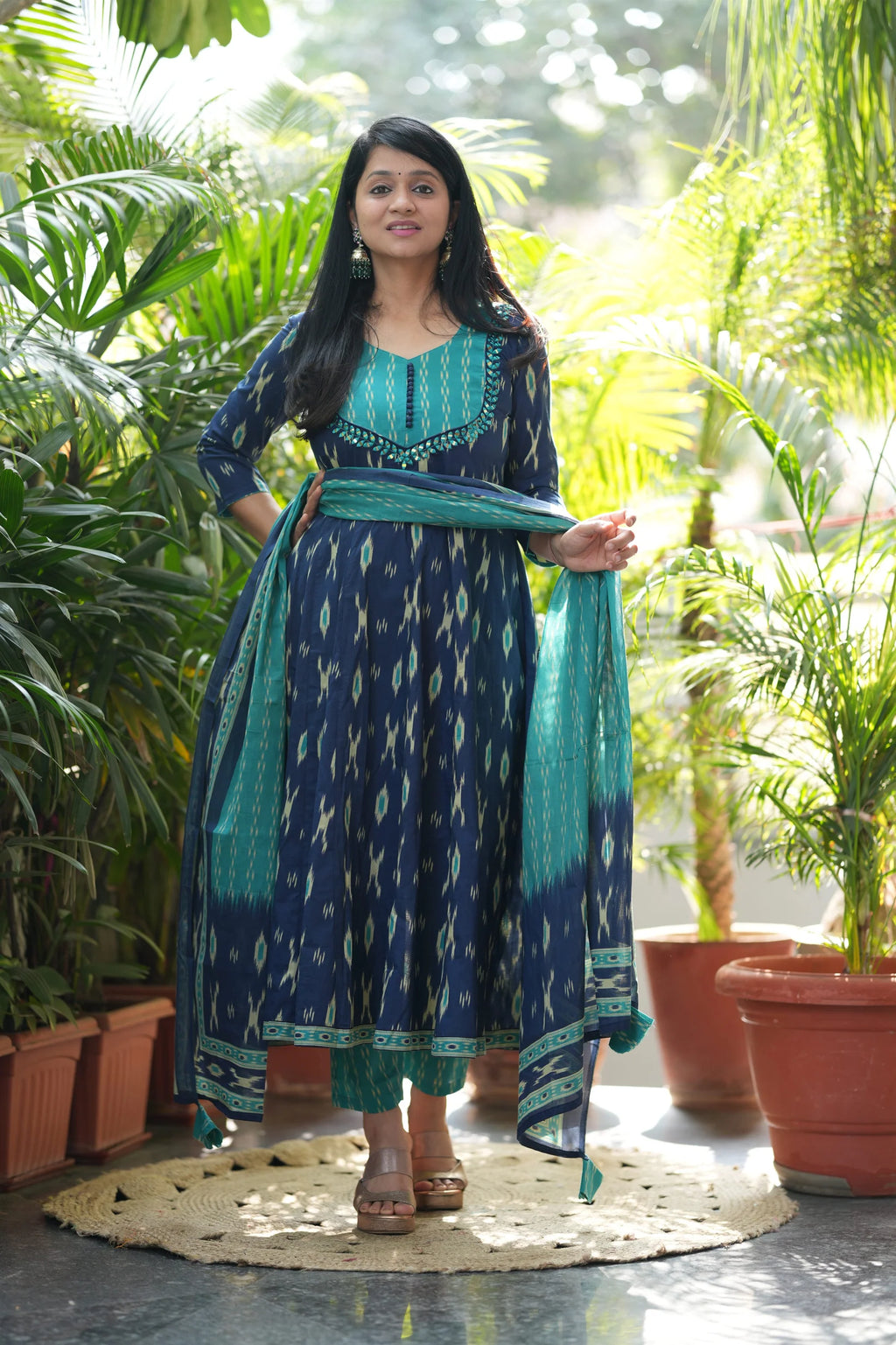 Blue Ikkat Cotton Anarkali Suit Set