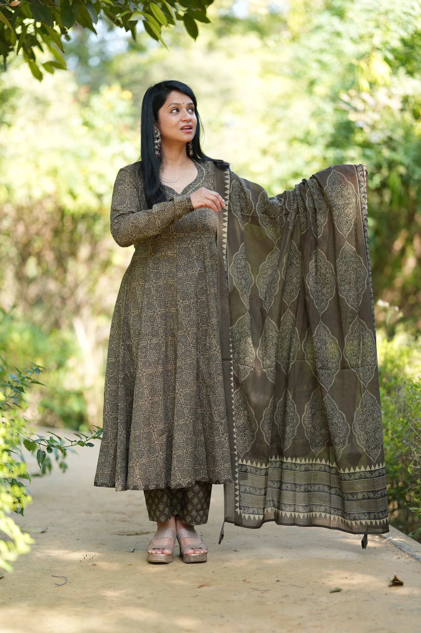 Green Ajrakh Print Cotton Anarkali Suit Set