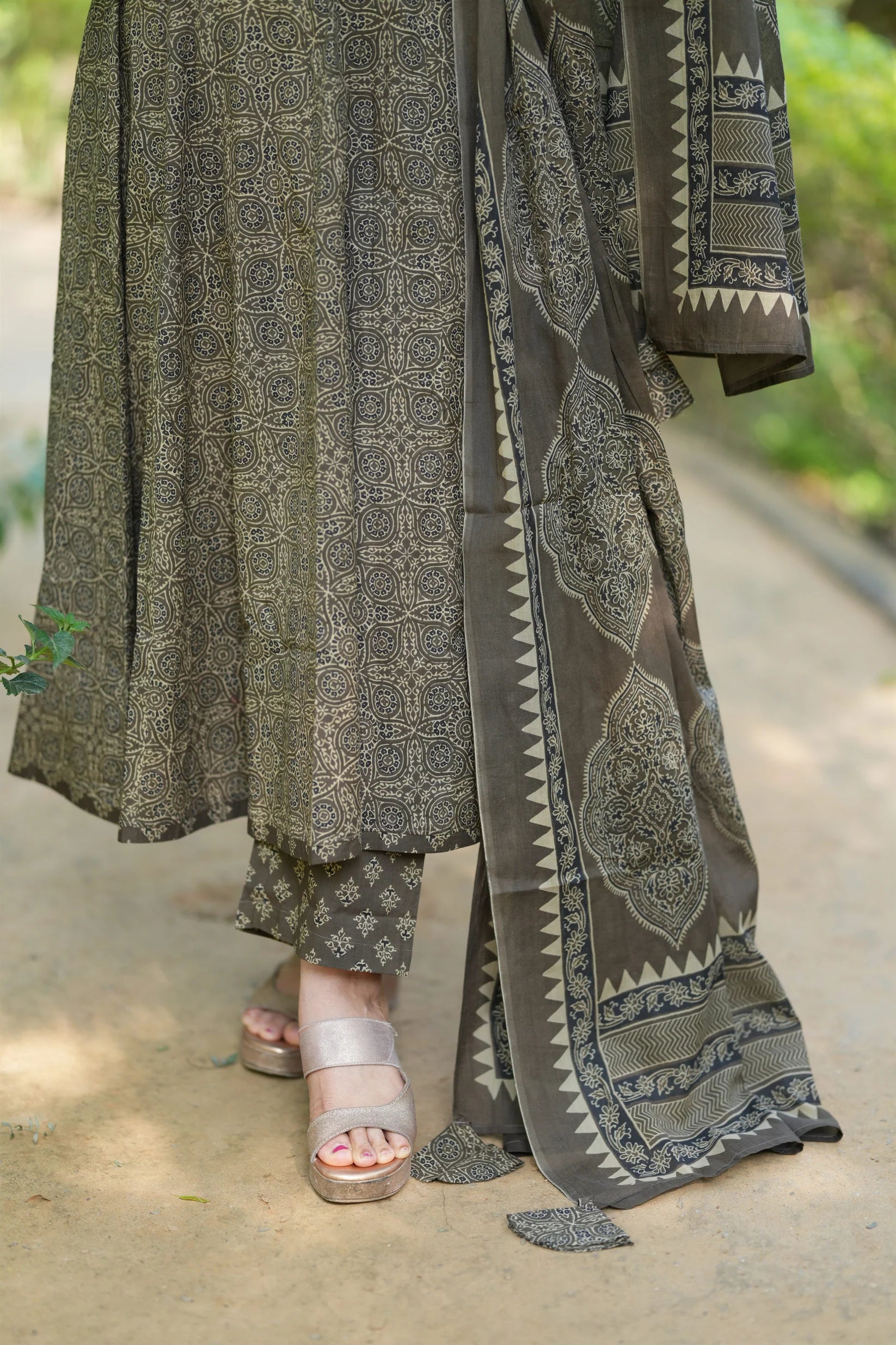 Green Ajrakh Print Cotton Anarkali Suit Set