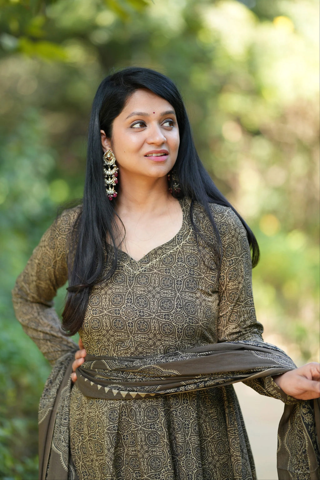 Green Ajrakh Print Cotton Anarkali Suit Set